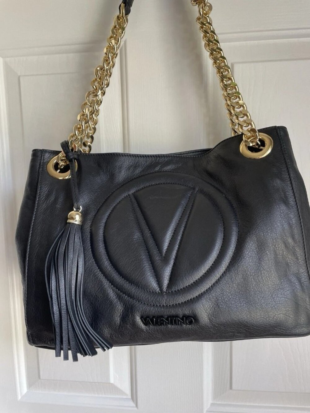 Mario Valentino Black Leather Shoulder Bag with Gold Chain &"V" Signature Logo